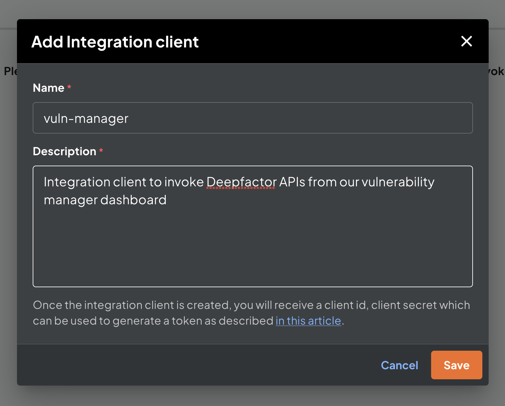 Add Integration Client Dialog