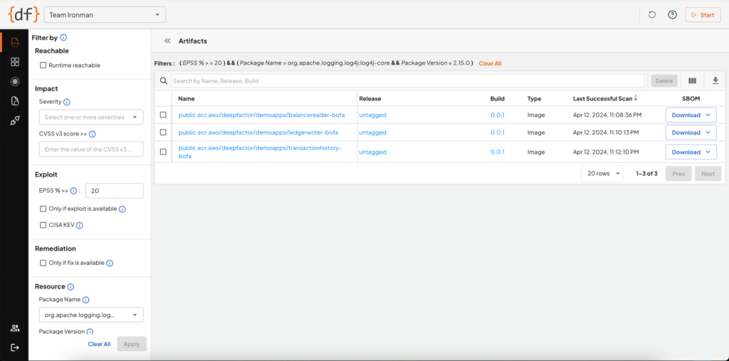 Vulnerable version of log4j, Deepfactor 3.6